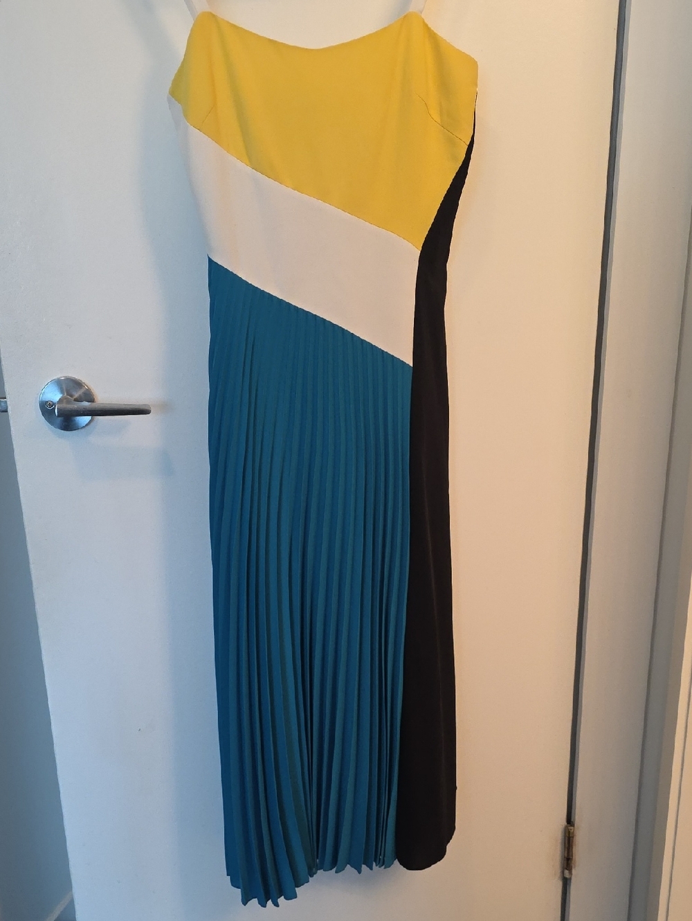 Hugo Boss Colorblock Pleated Maxi Dress in Yellow, White, Teal & Black